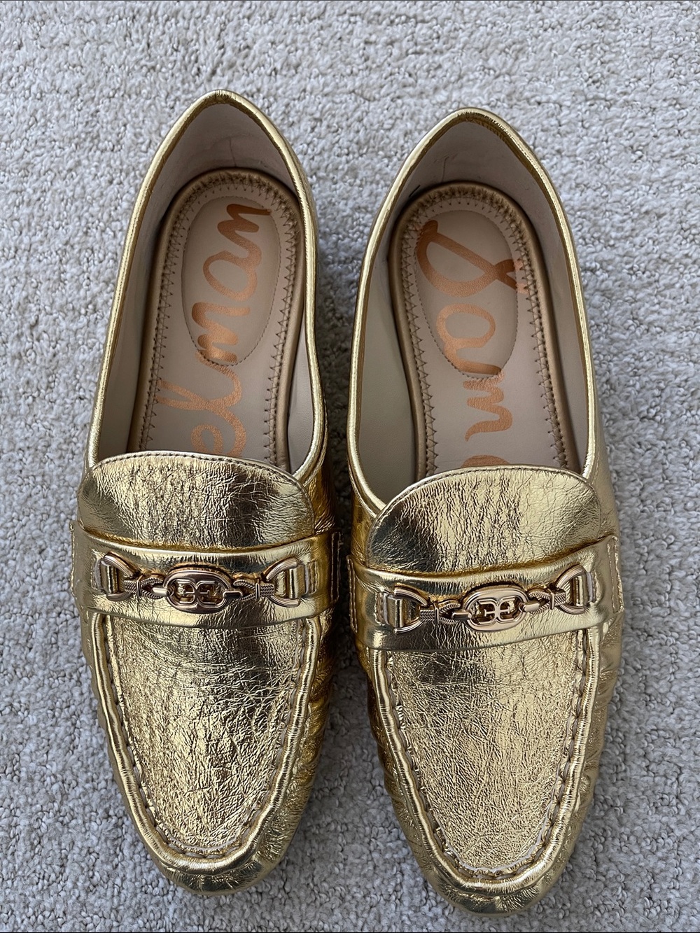 Sam Edelman Lucca Metallic Gold Leather Loafers with Chain Trim